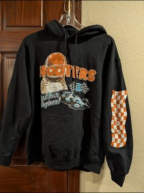Hooters Black Hoodie with Orange Racing Graphic